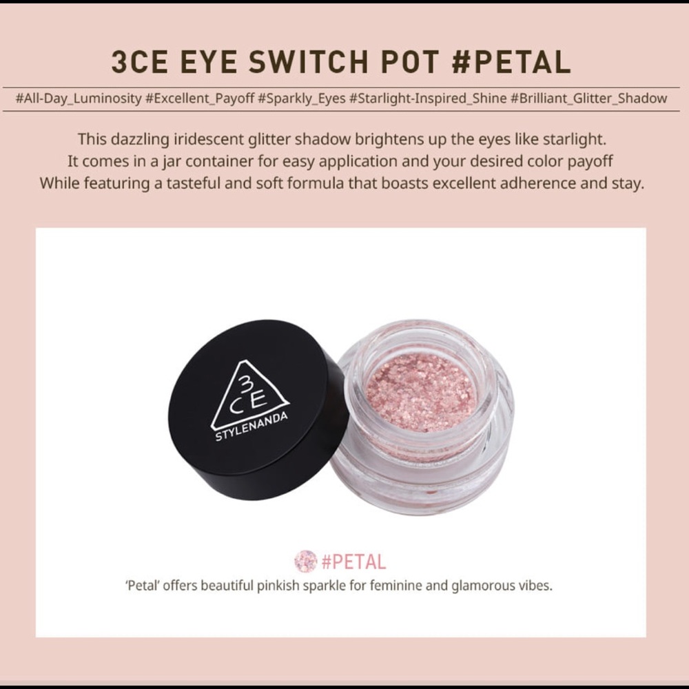 New, 3CE Eye Switch Pot #Petal Glitter